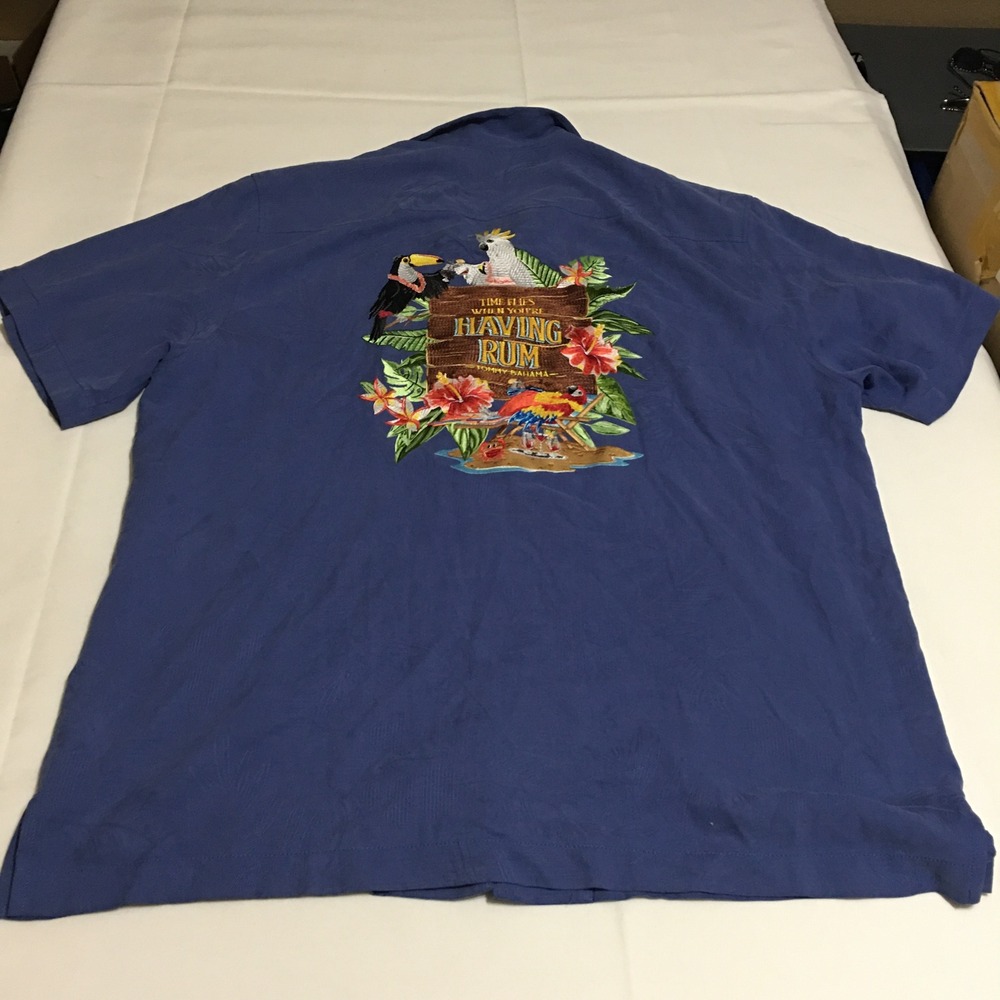 Tommy Bahama Short Sleeve Hawaiian Camp Shirt Mens Large Blue Silk Embroidered